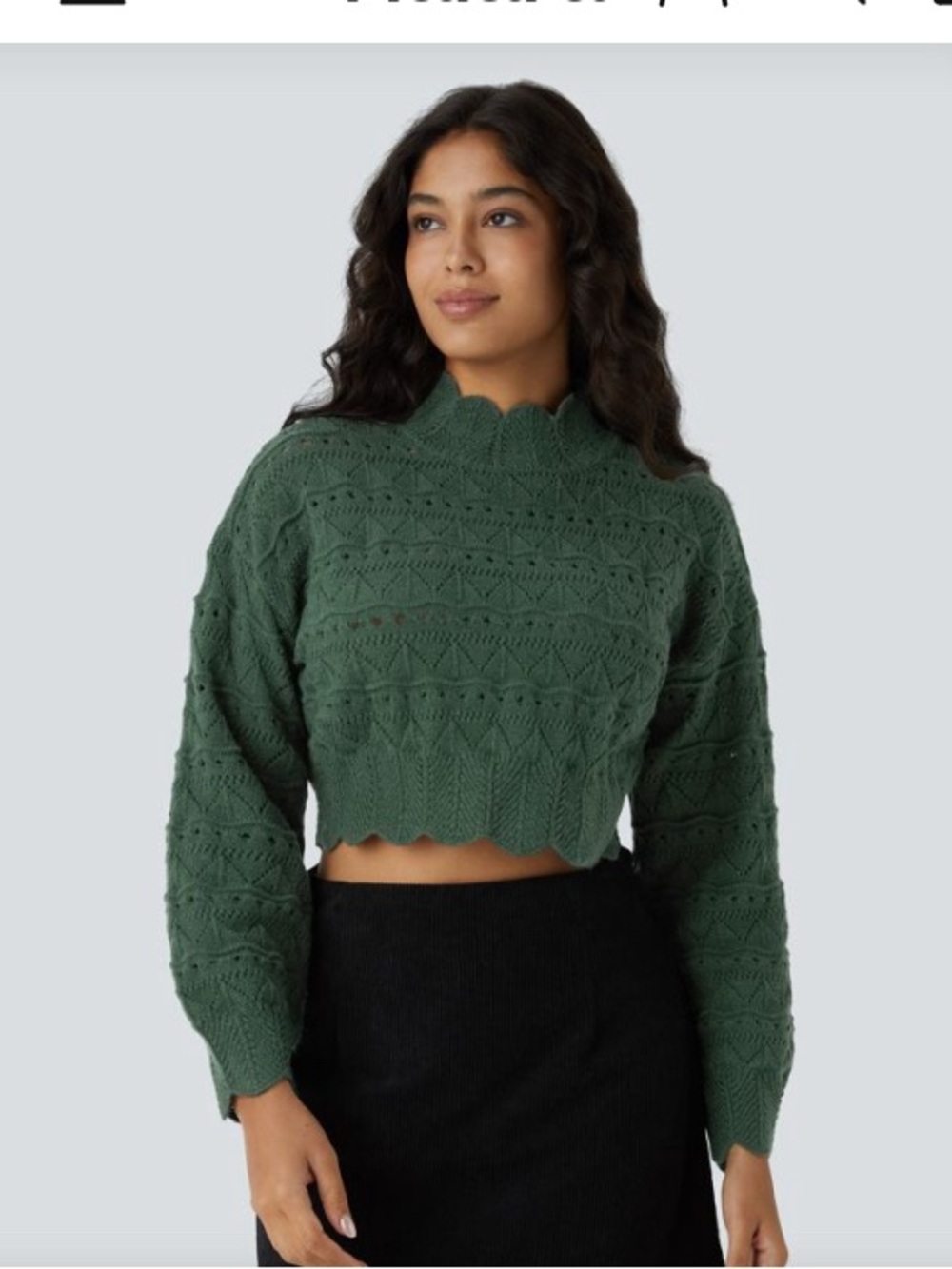 HALARA Mock Neck Bishop Sleeve Scallop Hem Open Knit L